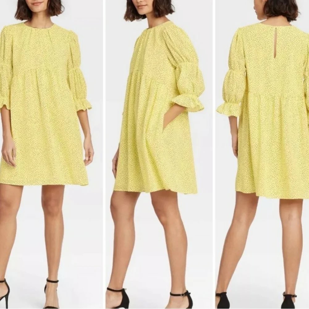 Who What Wear Yellow Dash Print Babydoll Dress XL Tiered Puff Sleeve Mini Pocket
